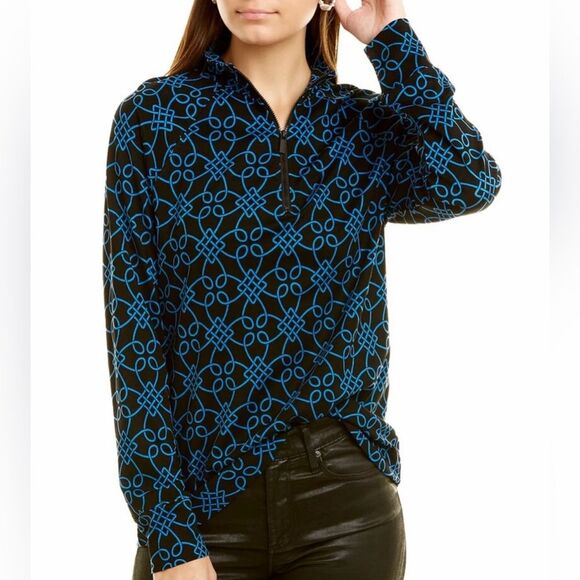Anne Klein long sleeve black and cobalt blue print quarter zip top size large - Picture 1 of 8